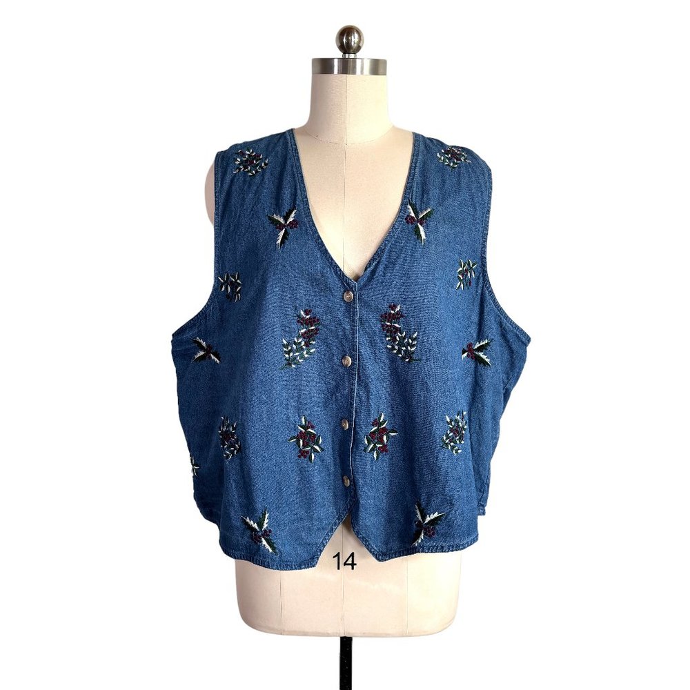 vintage 90s forest floral denim vest 3X plus size top boho cottagecore artsy vtg
